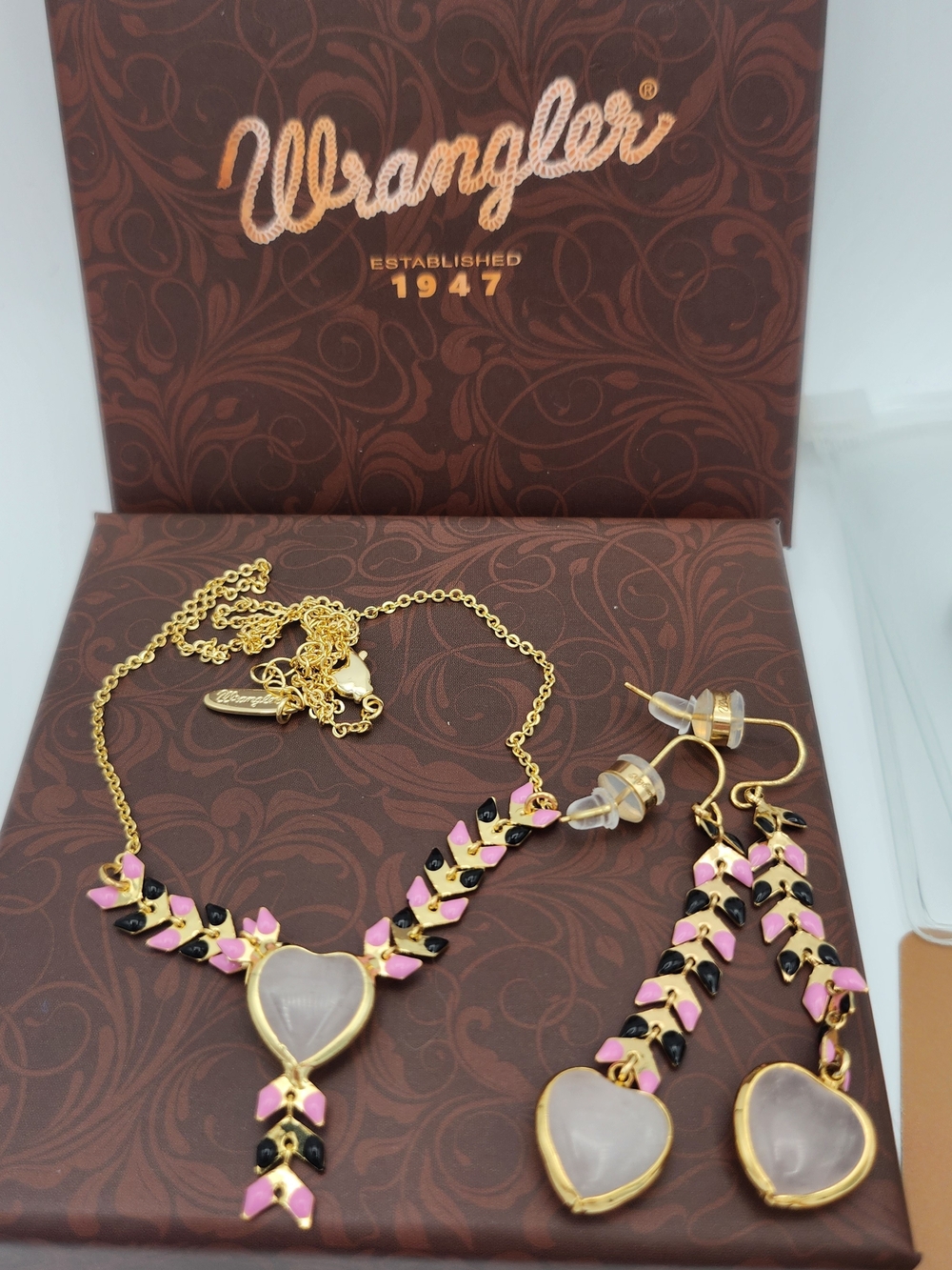 Wrangler Gold-Tone Pink & Black Heart Necklace and Earrings Set